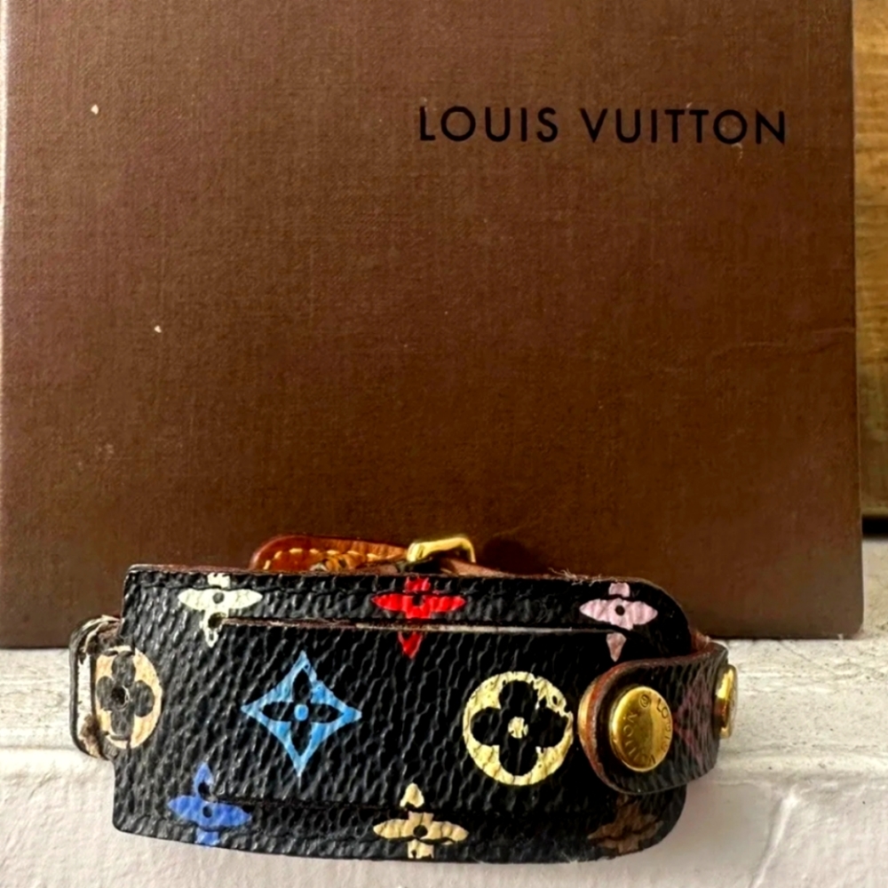 AUTHENTIC Louis Vuitton Mulitcolor Monogram on Black BRACELET SZ 7" w LV Box!